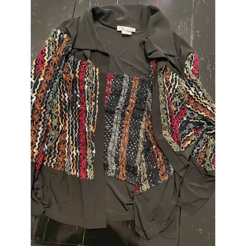 EXPOSE Women's Black Multi Colored Textured Knit Open Front Cardigan Jacket Top